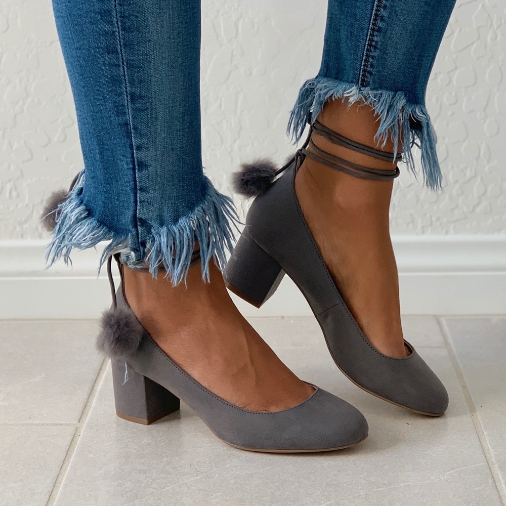 Ash Grey Chic Pom Pom Mary Jane Block Heel Pump - Picture 3 of 7